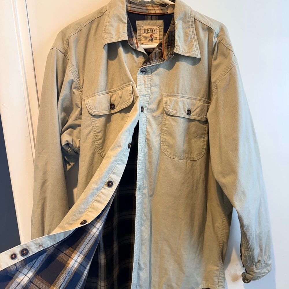 Red Head Men's Light Tan Shirt Jacket with Navy Plaid Lining